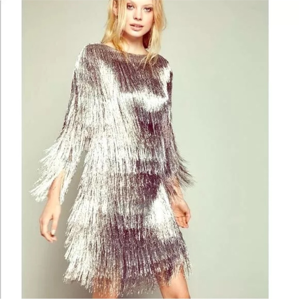 Rachel Zoe metallic silver fringe, boat neck, flapper style dress.